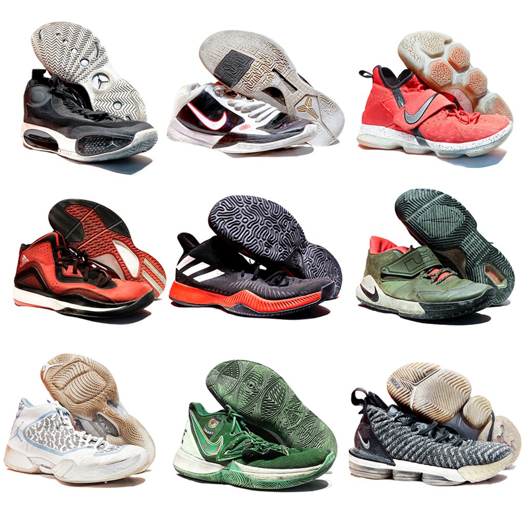 Nine pairs of top-grade used vintage basketball shoes for men sorted and inspected by our expert sorters,