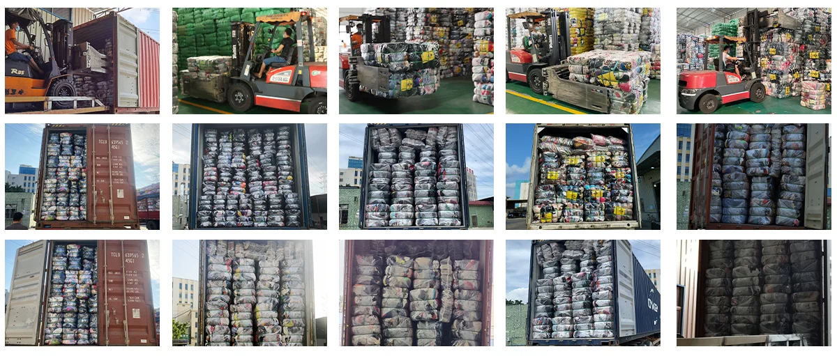 Images showing how our expert loaders fill each container with used vintage brand clothing bales.