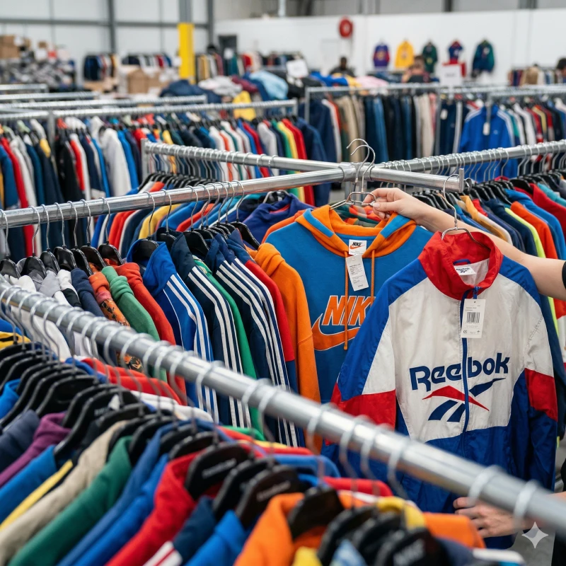 Mixed vintage clothing bale prepared for container shipment at Hissen warehouse