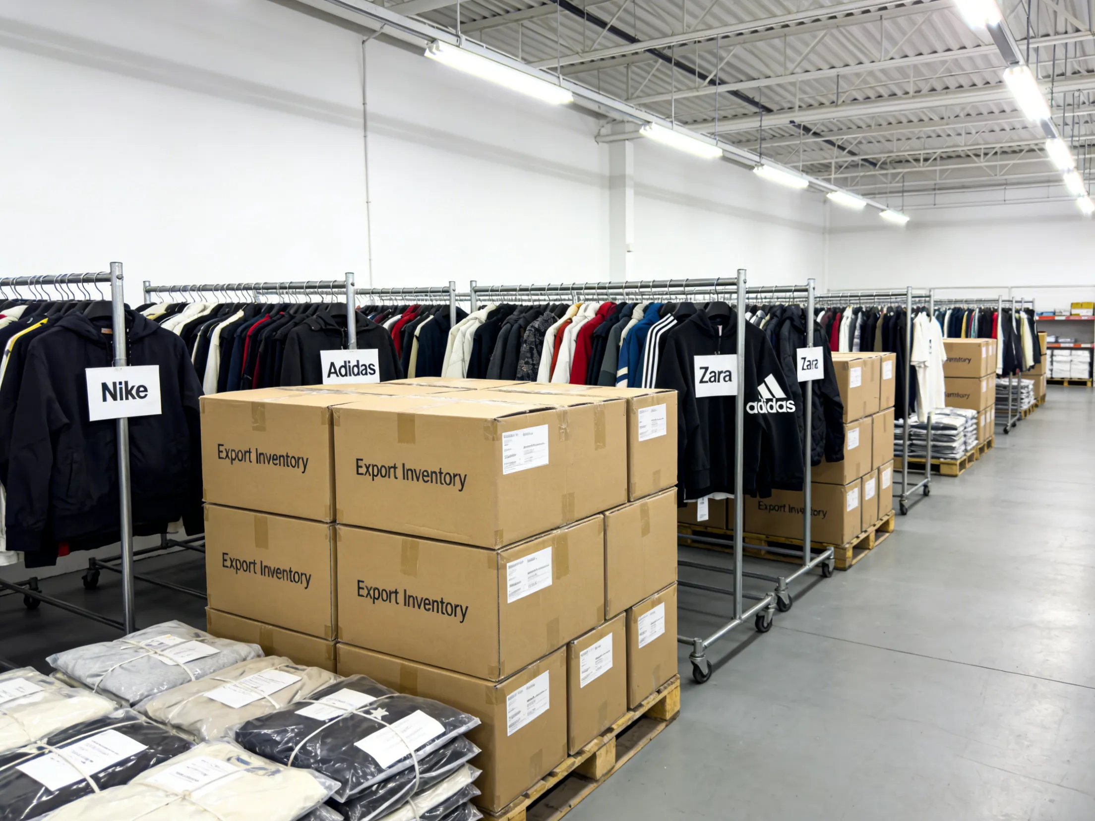Vintage clothing wholesale warehouse with sorted branded second hand clothes
