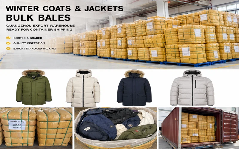 Thick winter coats and jackets sorted in bulk bales at a Guangzhou export warehouse, heavy outerwear inventory for container shipping