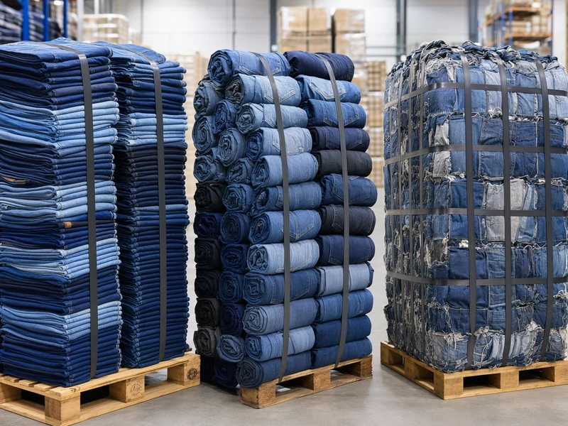 Comparison of flat fold, roll pack and compressed bale packing methods for container shipment of used denim jeans