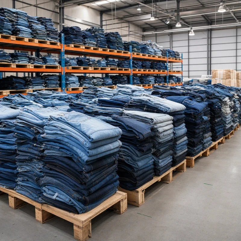Large warehouse piles of premium used denim jeans sorted by grade for bulk container export