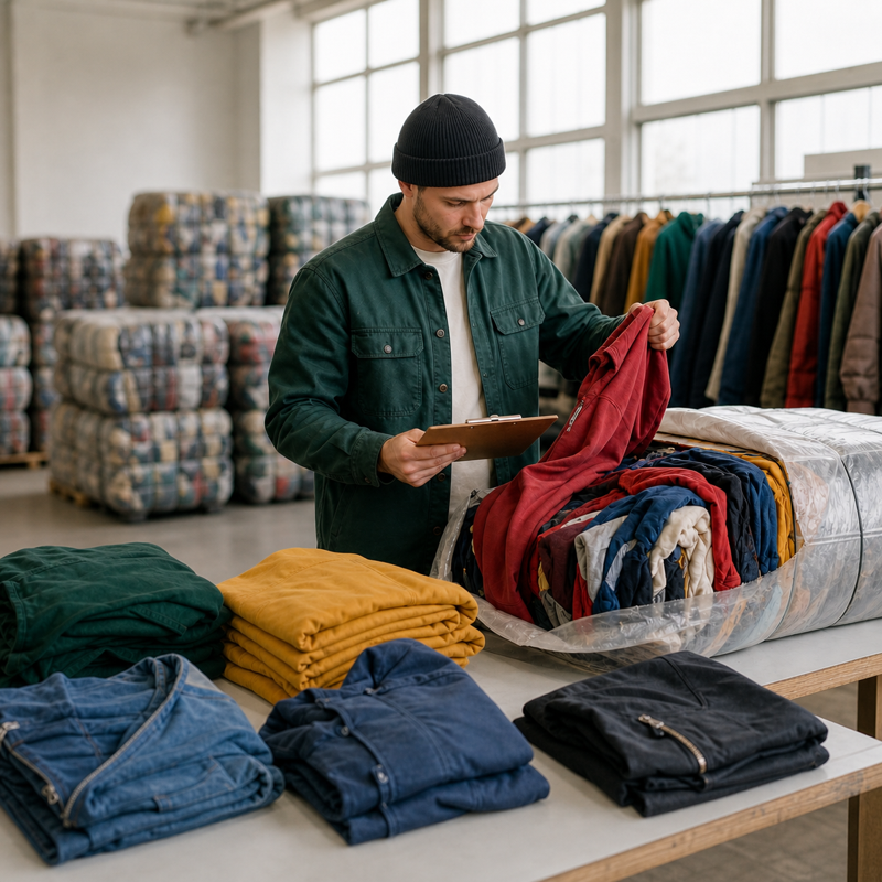 Buyer inspecting a vintage clothing sample bale before a wholesale order