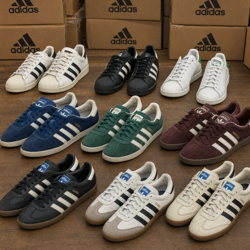 Assorted second hand Adidas shoes wholesale display