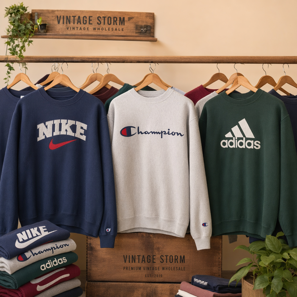 Curated collection of vintage branded Nike, Champion and Adidas sweatshirts on display for wholesale sourcing