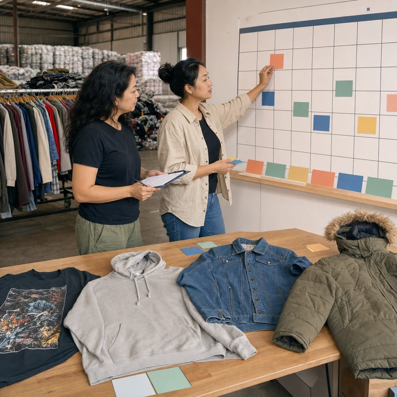 Vintage clothing wholesale buyers planning monthly seasonal inventory in a warehouse