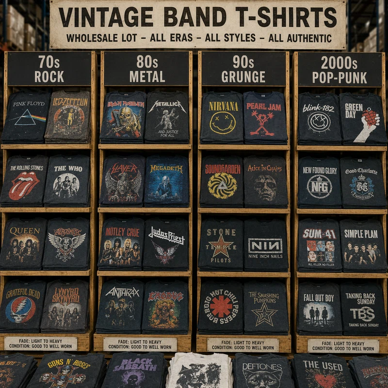 Bulk vintage band tees sorted by era category in wholesale sorting facility showing print condition and grading variety
