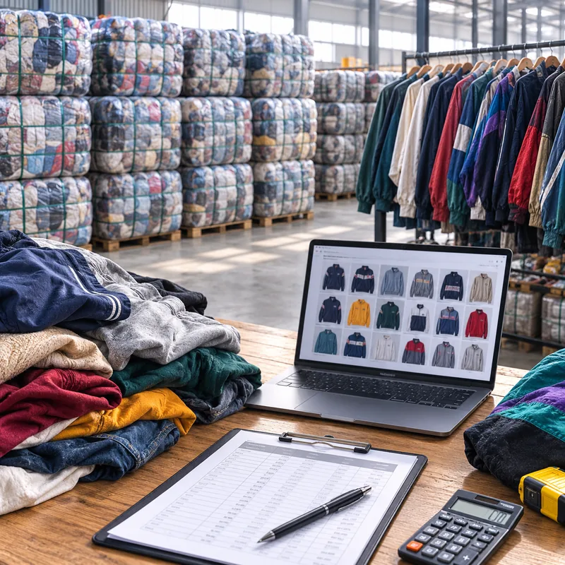 Editorial illustration of used clothing supplier quote comparison for a bulk order