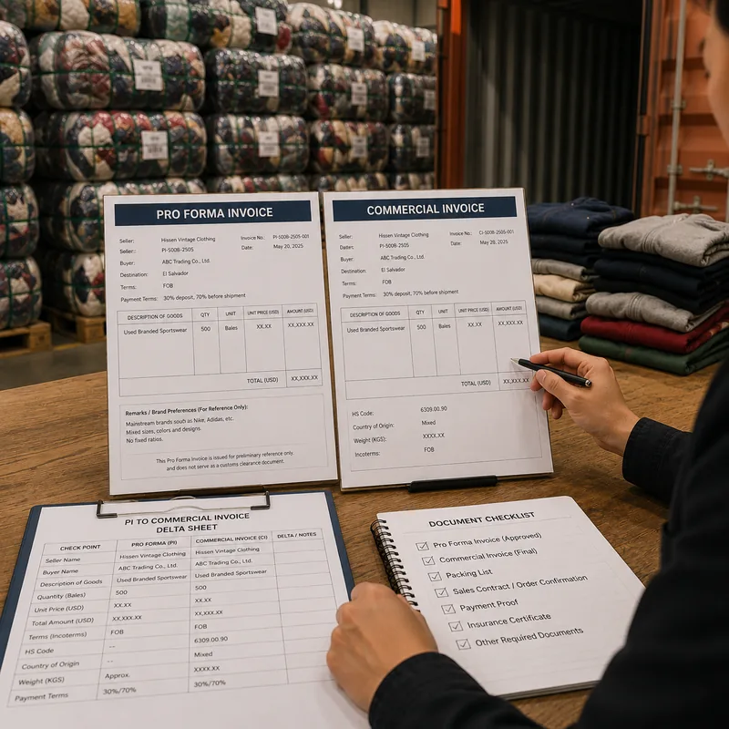 Pro forma and commercial invoice comparison for a 500-bale used branded clothing shipment
