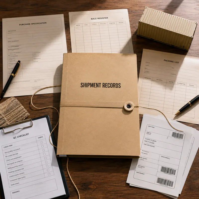 Photographic editorial flat lay of shipment specifications, QC checklist, bale register and packing records