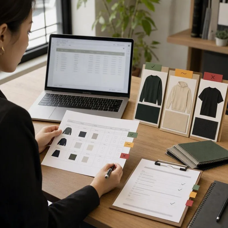Used clothing order substitution review at a buyer desk