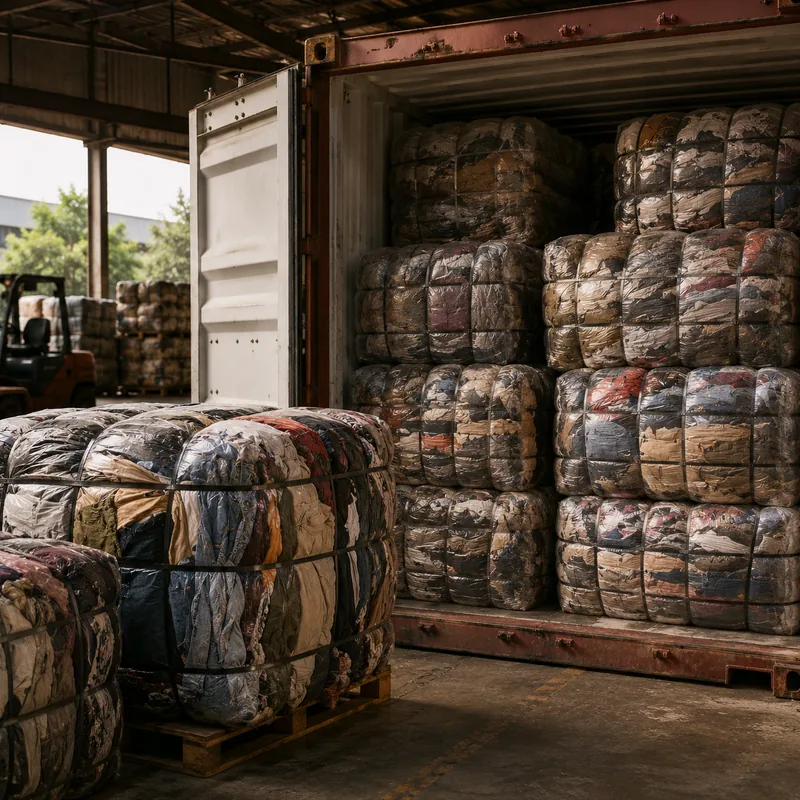 Container loaded with compressed used sportswear bales for wholesale supply